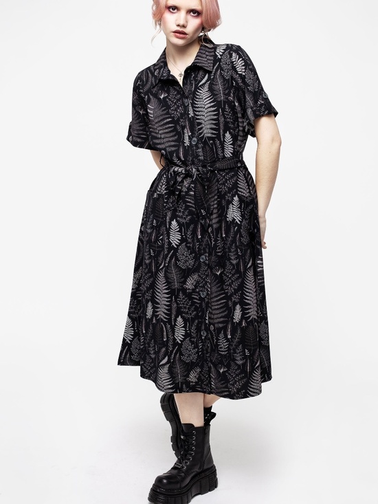 Disturbia Dresses & Skirts - Maidenhair Midi Short Sleeve Shirt Dress - 10 Tall - fern frond illustrations